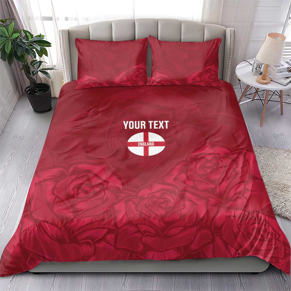Red floral bedding set with England emblem and 'YOUR TEXT' on duvet and two pillows.