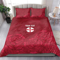 Red floral bedding set with England emblem and 'YOUR TEXT' on duvet and two pillows.