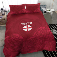 Red bedding set with England emblem and 'YOUR TEXT' on duvet and two pillows.