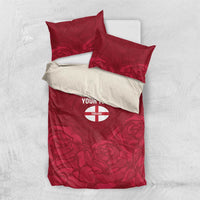 Red bedding set with England emblem and 'YOUR TEXT' on duvet with matching pillows.