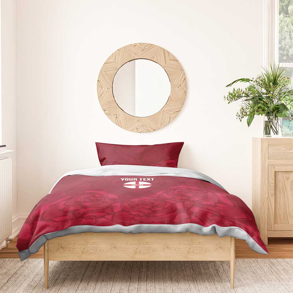 Red floral bedding with England emblem and 'YOUR TEXT' on duvet and one pillow.