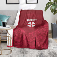 Red England rugby blanket over sofa, 'YOUR TEXT' England badge and rose pattern