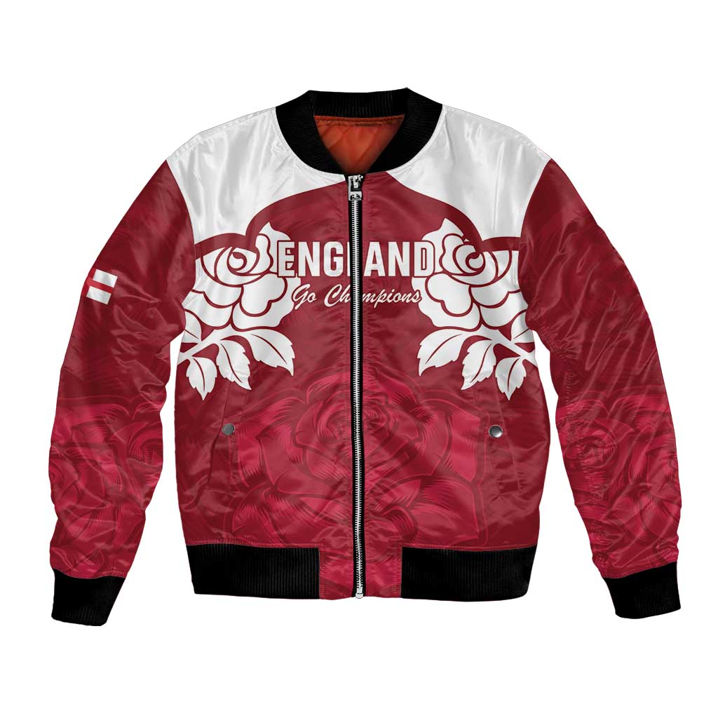 Red and white zip-front bomber jacket with England crest and rose graphics