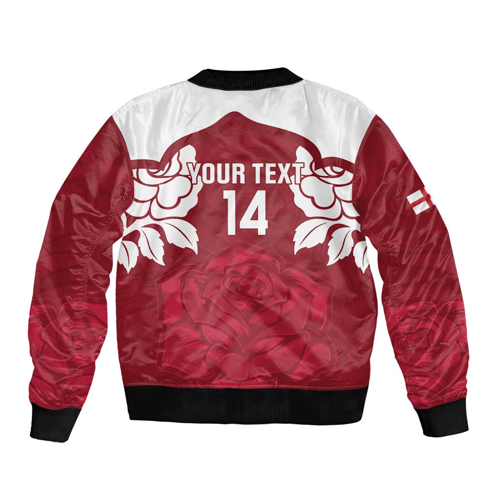 Red and white bomber jacket back with 'YOUR TEXT', number 14, and rose crest designs