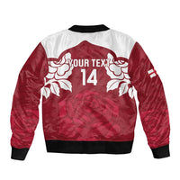 Red and white bomber jacket back with 'YOUR TEXT', number 14, and rose crest designs
