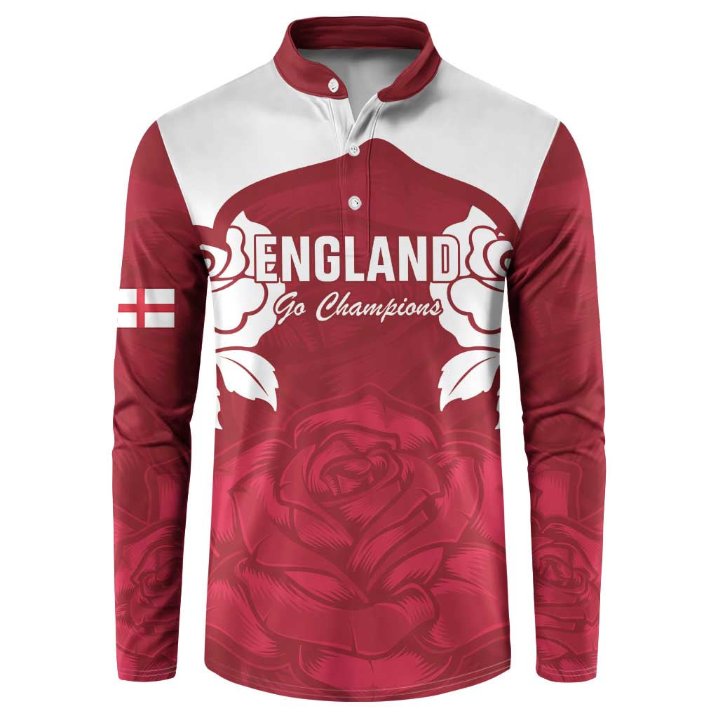Red/white England rugby button sweatshirt with ENGLAND Go Champions logo and rose