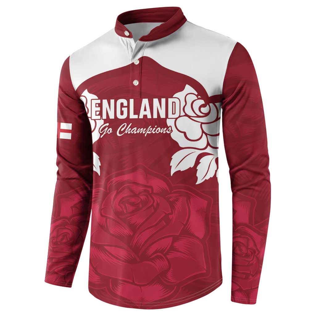 Red/white England rugby button sweatshirt front with ENGLAND Go Champions text and rose pattern
