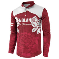 Red/white England rugby button sweatshirt front with ENGLAND Go Champions text and rose pattern