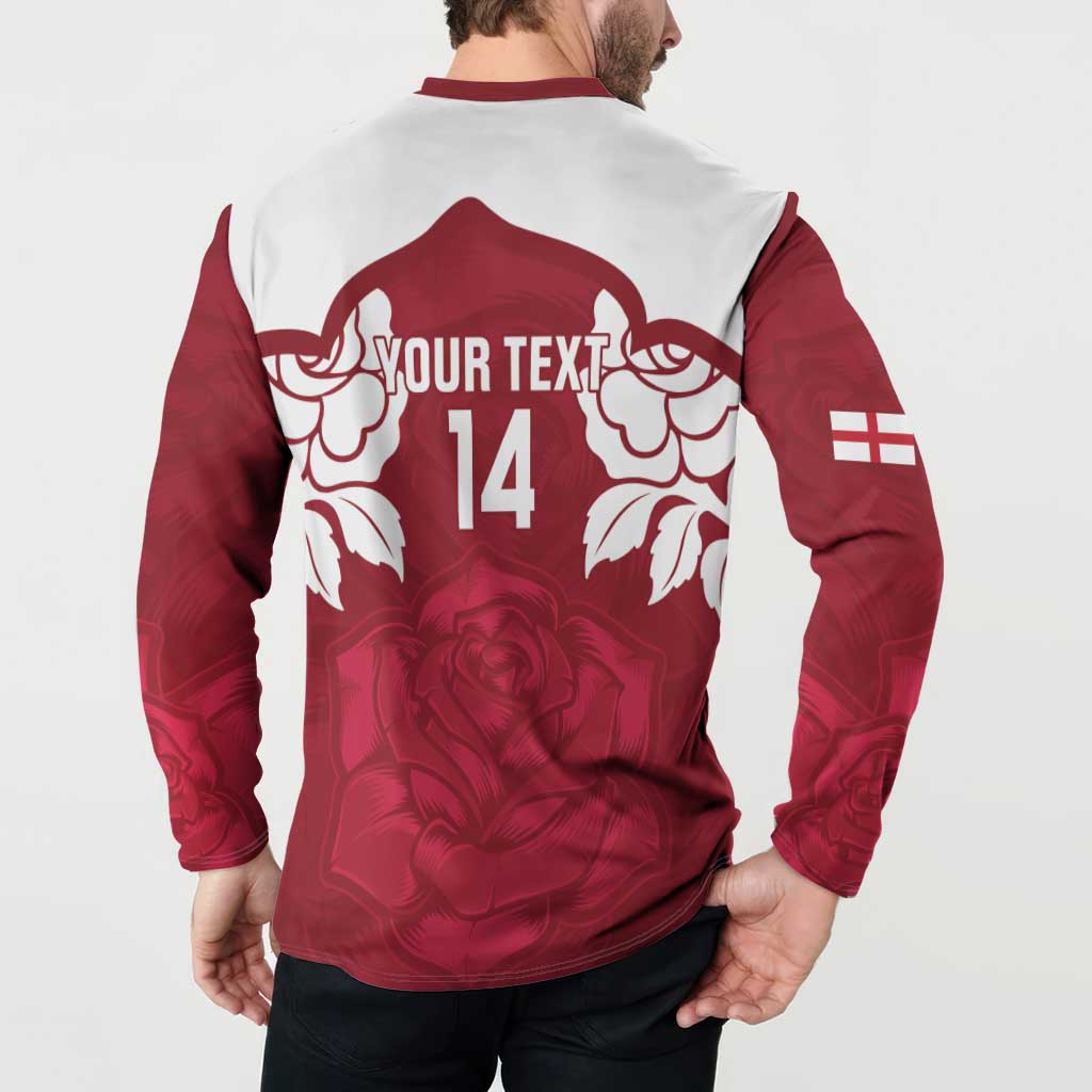 Red/white England rugby button sweatshirt back with Your Text 14 and rose graphic