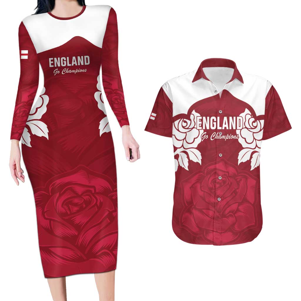 Custom England Rugby 2025 Couples Matching Long Sleeve Bodycon Dress and Hawaiian Shirt Go Champions Red Rose