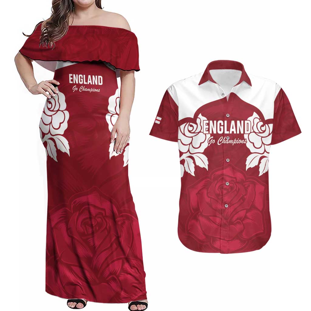 Custom England Rugby 2025 Couples Matching Off Shoulder Maxi Dress and Hawaiian Shirt Go Champions Red Rose