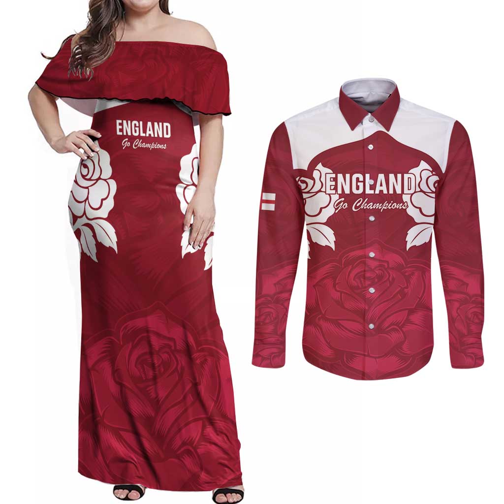 Custom England Rugby 2025 Couples Matching Off Shoulder Maxi Dress and Long Sleeve Button Shirt Go Champions Red Rose