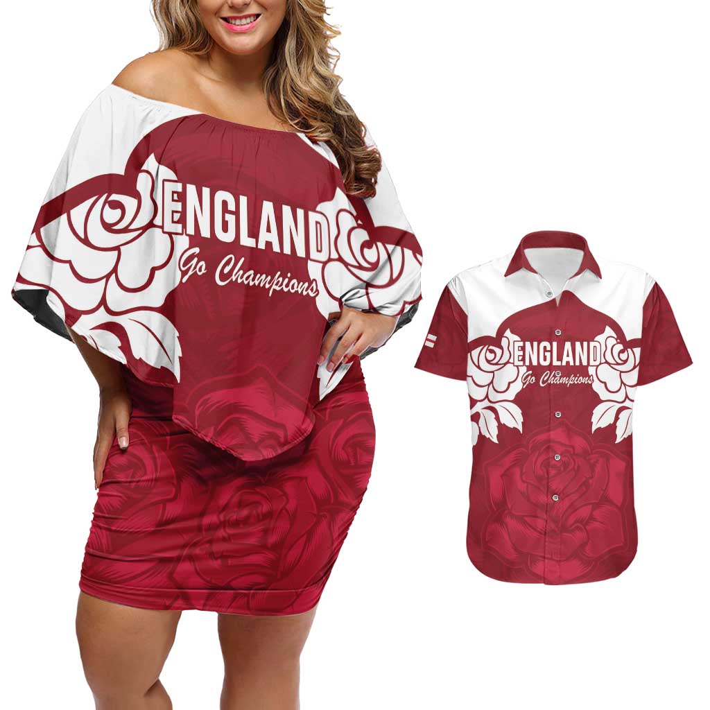 Custom England Rugby 2025 Couples Matching Off Shoulder Short Dress and Hawaiian Shirt Go Champions Red Rose