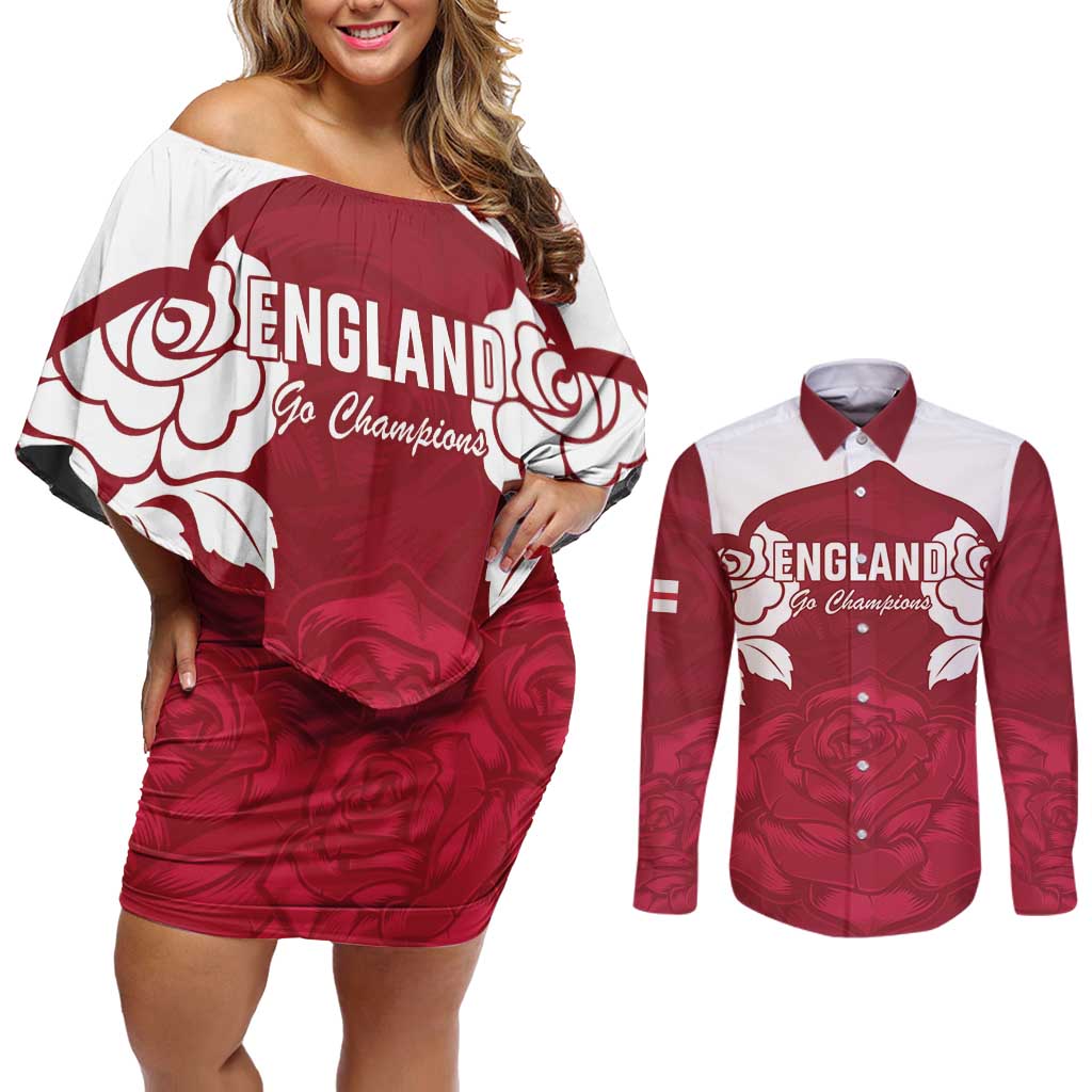 Custom England Rugby 2025 Couples Matching Off Shoulder Short Dress and Long Sleeve Button Shirt Go Champions Red Rose