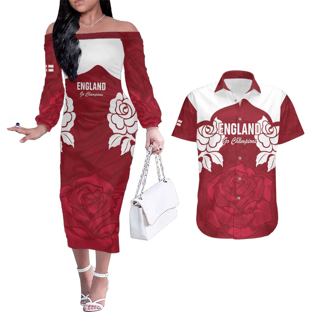 Custom England Rugby 2025 Couples Matching Off The Shoulder Long Sleeve Dress and Hawaiian Shirt Go Champions Red Rose