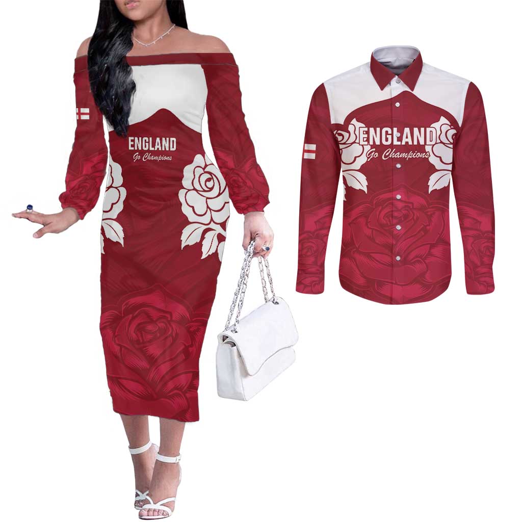 Custom England Rugby 2025 Couples Matching Off The Shoulder Long Sleeve Dress and Long Sleeve Button Shirt Go Champions Red Rose