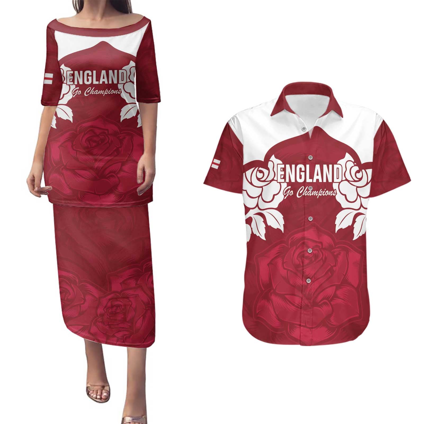 Custom England Rugby 2025 Couples Matching Puletasi and Hawaiian Shirt Go Champions Red Rose