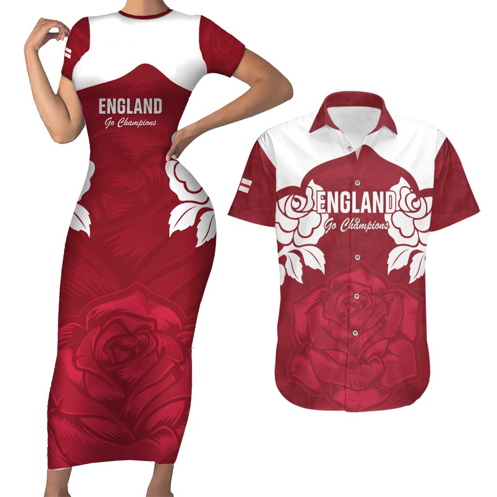 Custom England Rugby 2025 Couples Matching Short Sleeve Bodycon Dress and Hawaiian Shirt Go Champions Red Rose