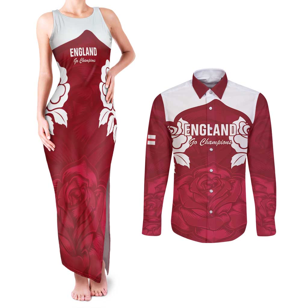 Custom England Rugby 2025 Couples Matching Tank Maxi Dress and Long Sleeve Button Shirt Go Champions Red Rose