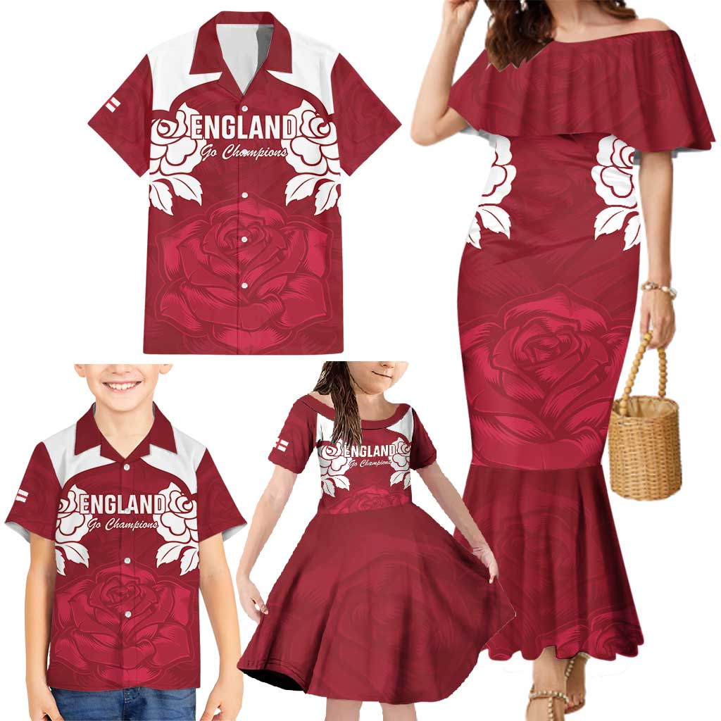 Custom England Rugby 2025 Family Matching Mermaid Dress and Hawaiian Shirt Go Champions Red Rose