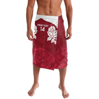 Red lava-lava style rugby skirt with white waistband, custom text 14 and rose graphic
