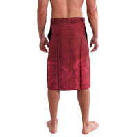 Red lava-lava rugby skirt back view with white waistband and rose pattern