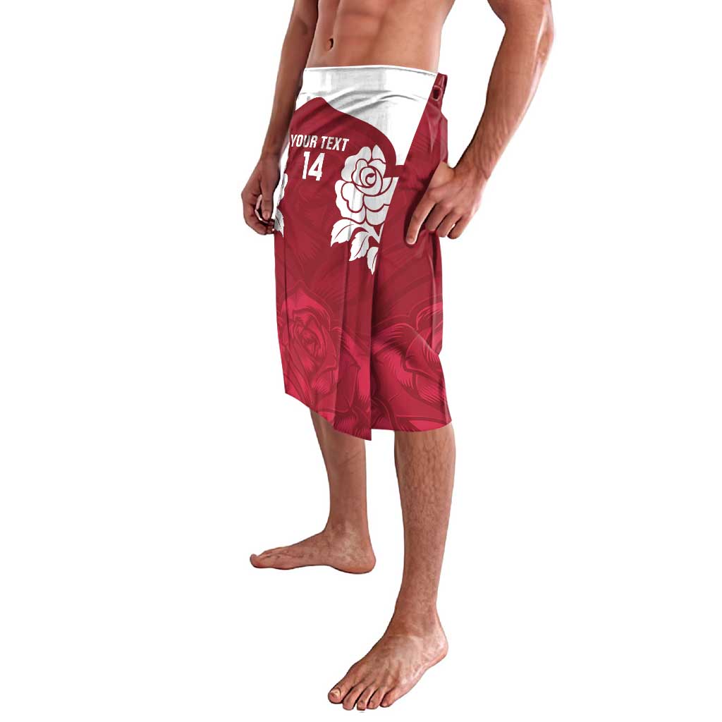 Red lava-lava rugby skirt with white waistband, custom text 14 and large rose print