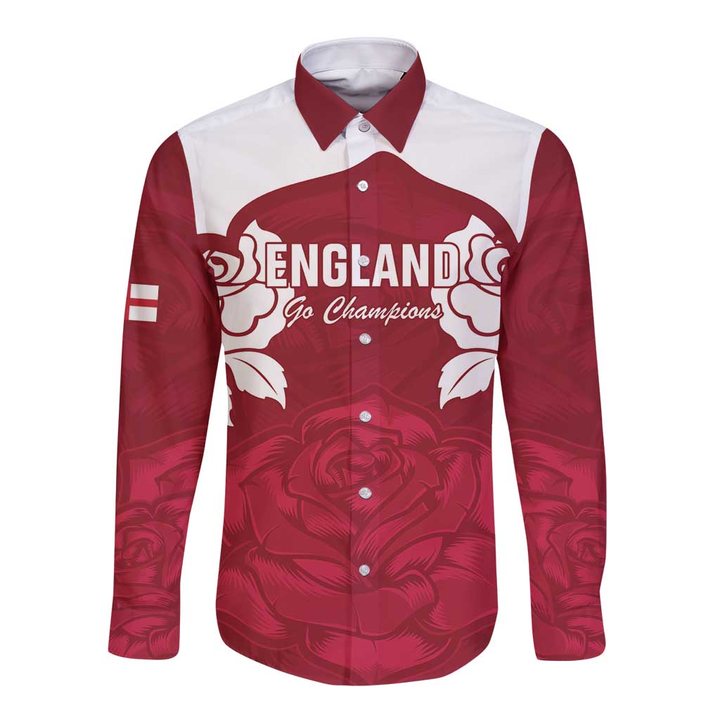 Red and white long-sleeve button rugby shirt with front graphic and rose emblem