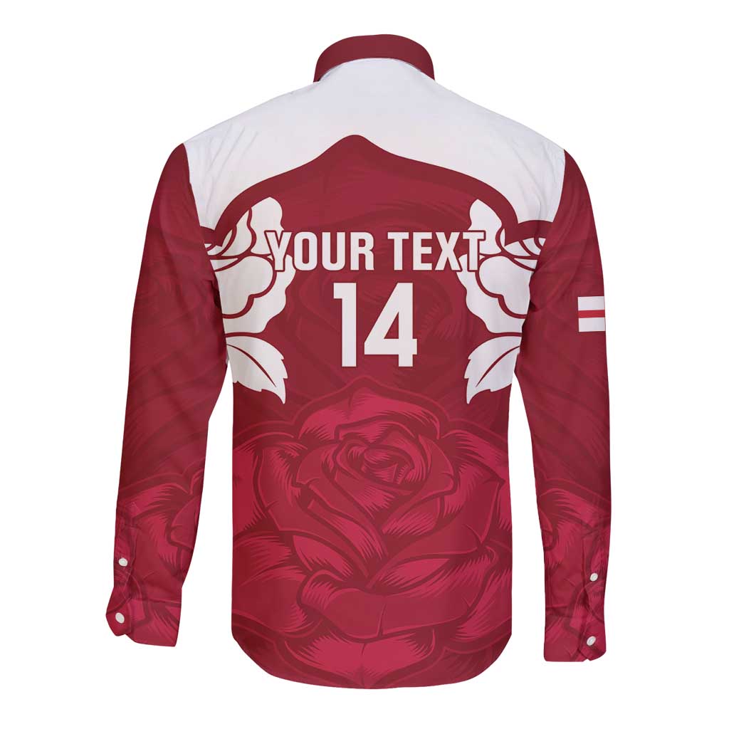 Back of red and white long-sleeve button rugby shirt with 'YOUR TEXT' and number 14