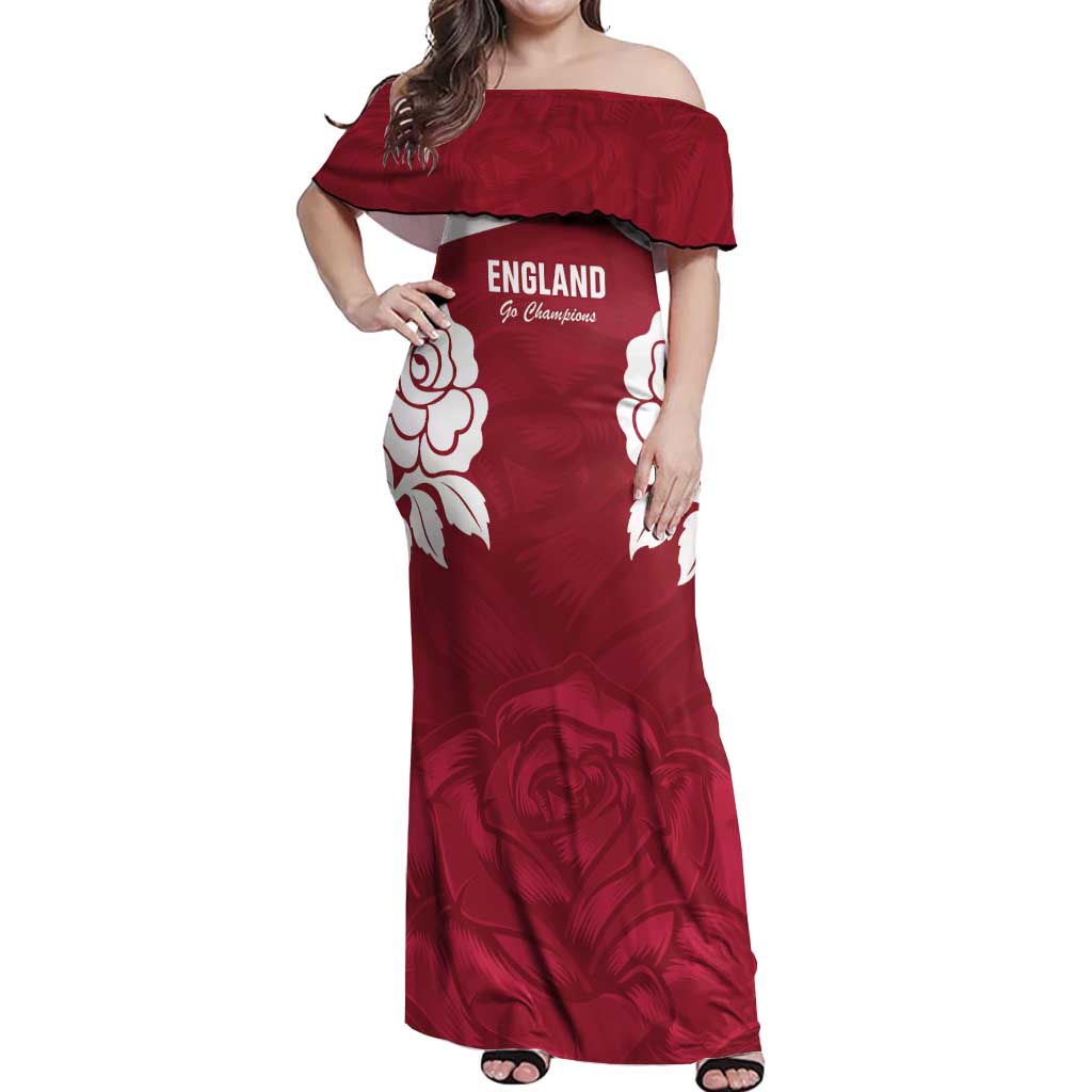 Custom England Rugby 2025 Off Shoulder Maxi Dress Go Champions Red Rose - Wonder Print Shop