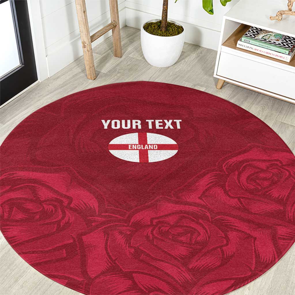 Red round rug with custom England crest and rose pattern.