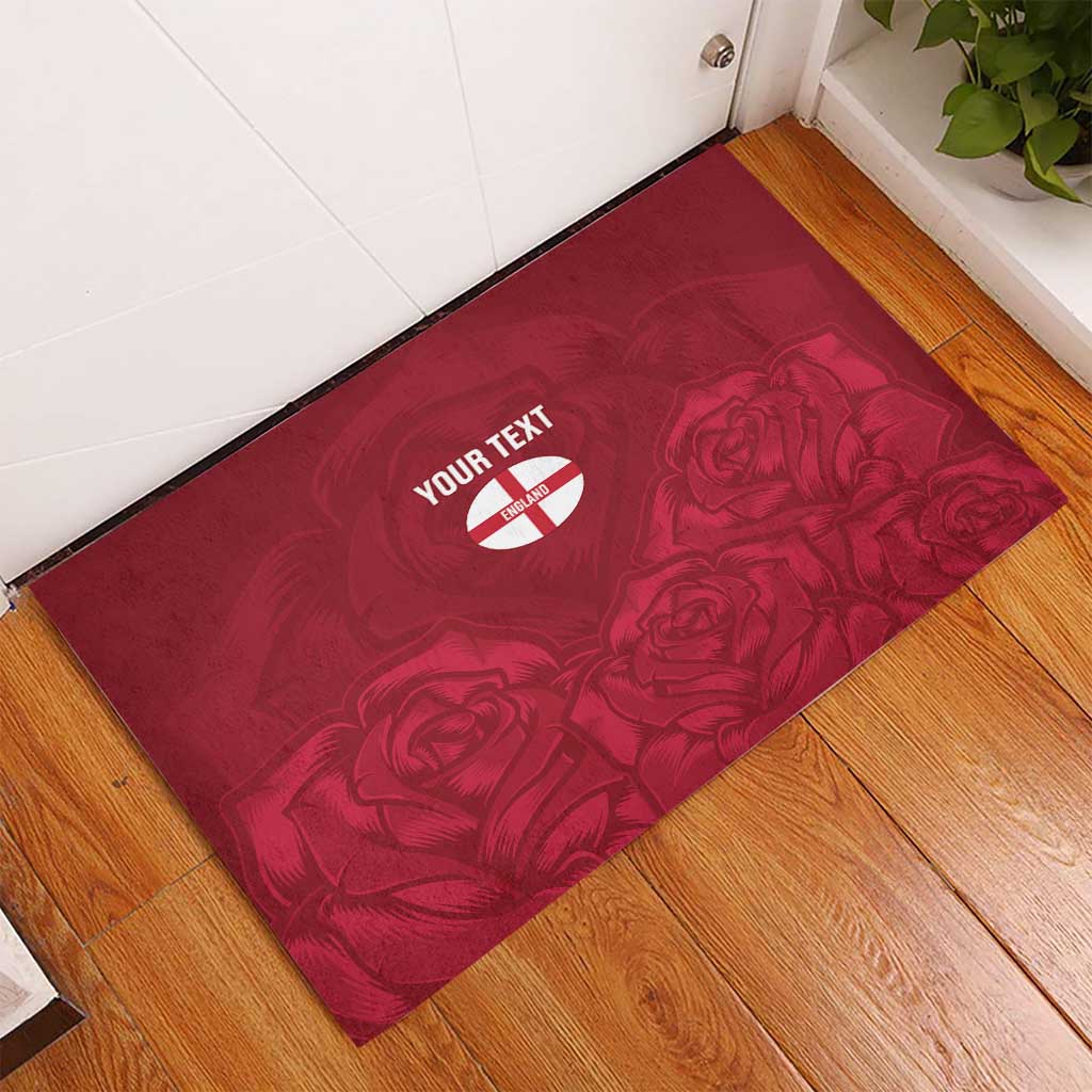 Red rubber doormat with rose motif and custom text, England round logo