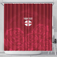 Red shower curtain with rose floral print, England shield, and YOUR TEXT; grommet top.