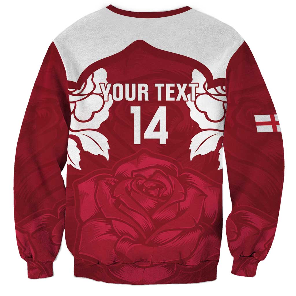 Unisex rugby sweatshirt heather gray and red, back shows YOUR TEXT, number 14, rose