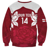 Unisex rugby sweatshirt heather gray and red, back shows YOUR TEXT, number 14, rose