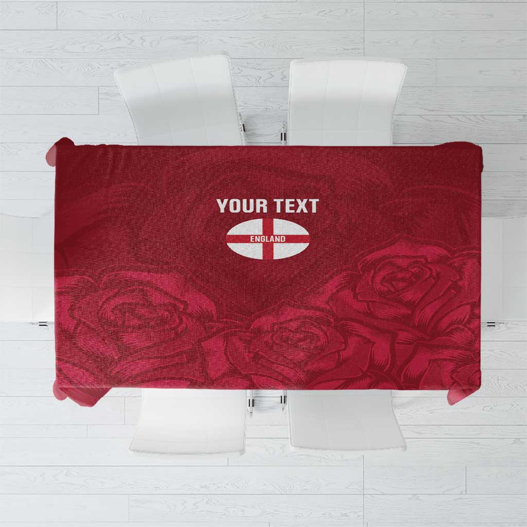 Red custom tablecloth with England rugby badge, rose pattern, and center text area