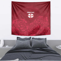 Red rose-pattern tapestry with “YOUR TEXT” header and England crest-style logo