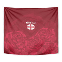 Red rose tapestry close-up with “YOUR TEXT” and England crest-style logo at center