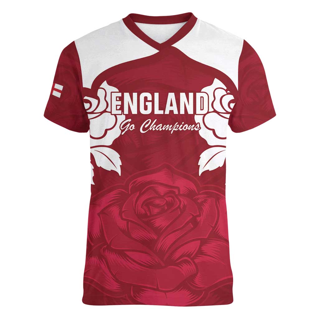 Custom England Rugby 2025 Women V-Neck T-Shirt Go Champions Red Rose