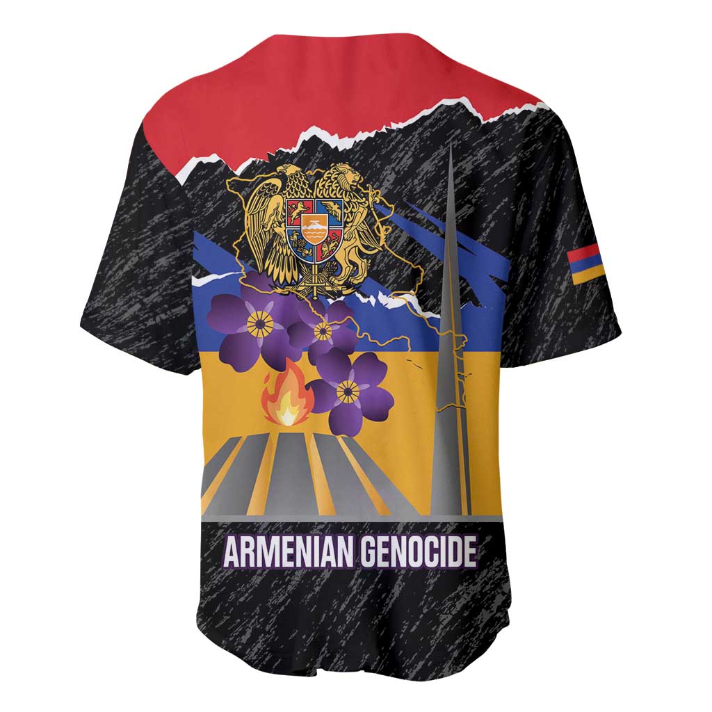Baseball jersey with black body and red collar, back graphic 'Armenian Genocide'