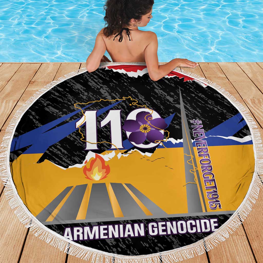 Fringed round beach blanket draped on person, black/yellow/blue 110th graphic