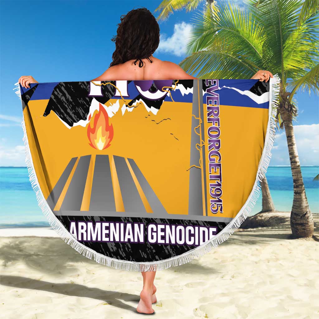 Fringed round beach blanket held up, black/yellow/blue 110th graphic with Never Forget
