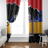 Printed window curtains with red top band and black map panel, hung by metal rings