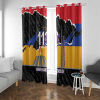 Printed window curtain pair with black map, blue stripe, yellow field, and red top drape