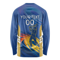 Blue long sleeve cricket shirt with back YOUR TEXT 00 and player illustration