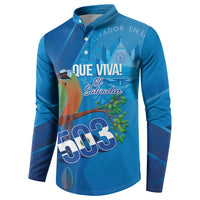 Blue long-sleeve button henley sweatshirt with front 'Que Viva! El Salvador' 503 print