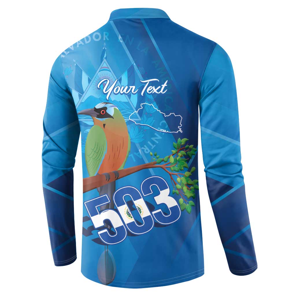 Blue back view button henley sweatshirt with map, bird, and 'Your Text' plus 503