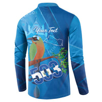 Blue back view button henley sweatshirt with map, bird, and 'Your Text' plus 503