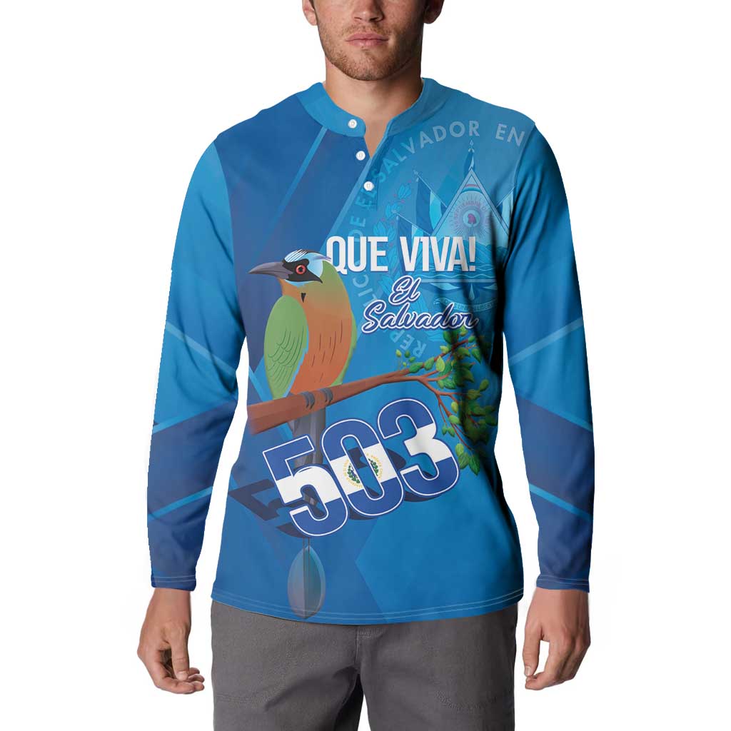 Blue button henley sweatshirt worn by model, Que Viva! El Salvador 503 front print