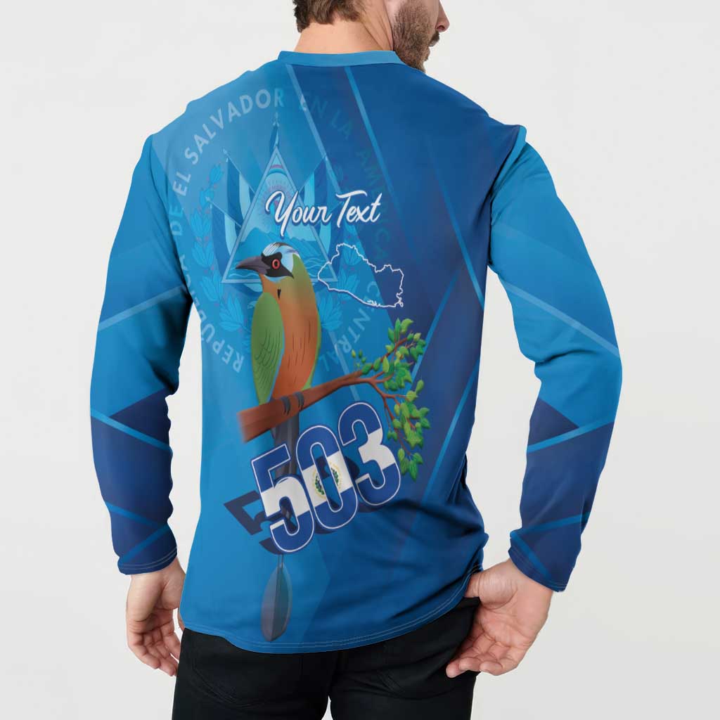 Blue back button henley sweatshirt with bird-and-branch graphic, map, and 503 print